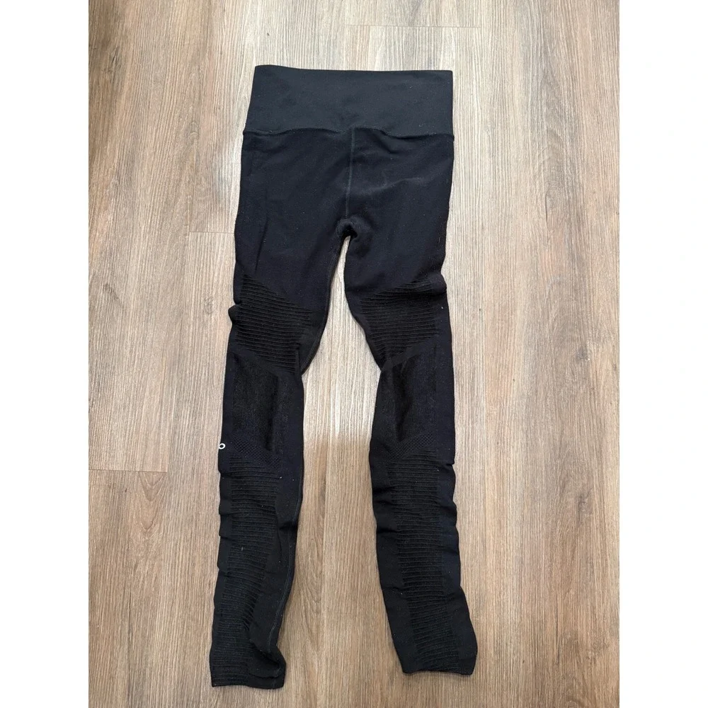 Alo Yoga Womens Black Moto High Waist Ribbed Mesh Inset Leggings Size Medium